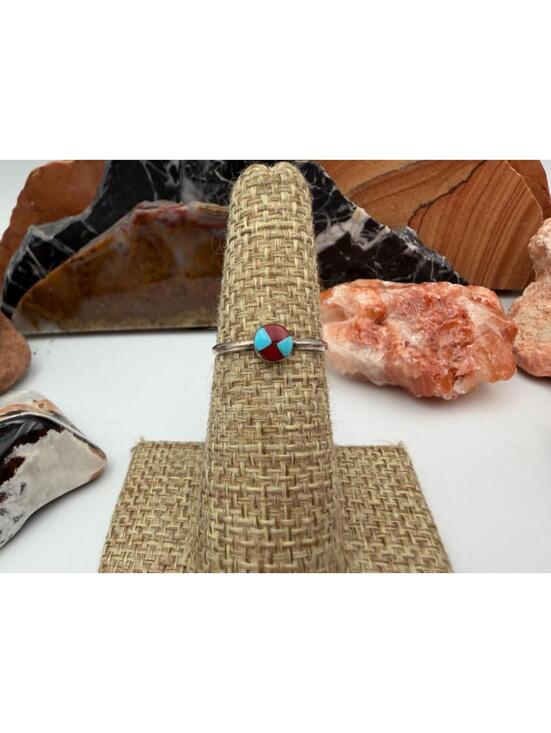 Native American Jewelry - Zuni Sterling Silver Turquoise Red Coral inlay Ring Size 5